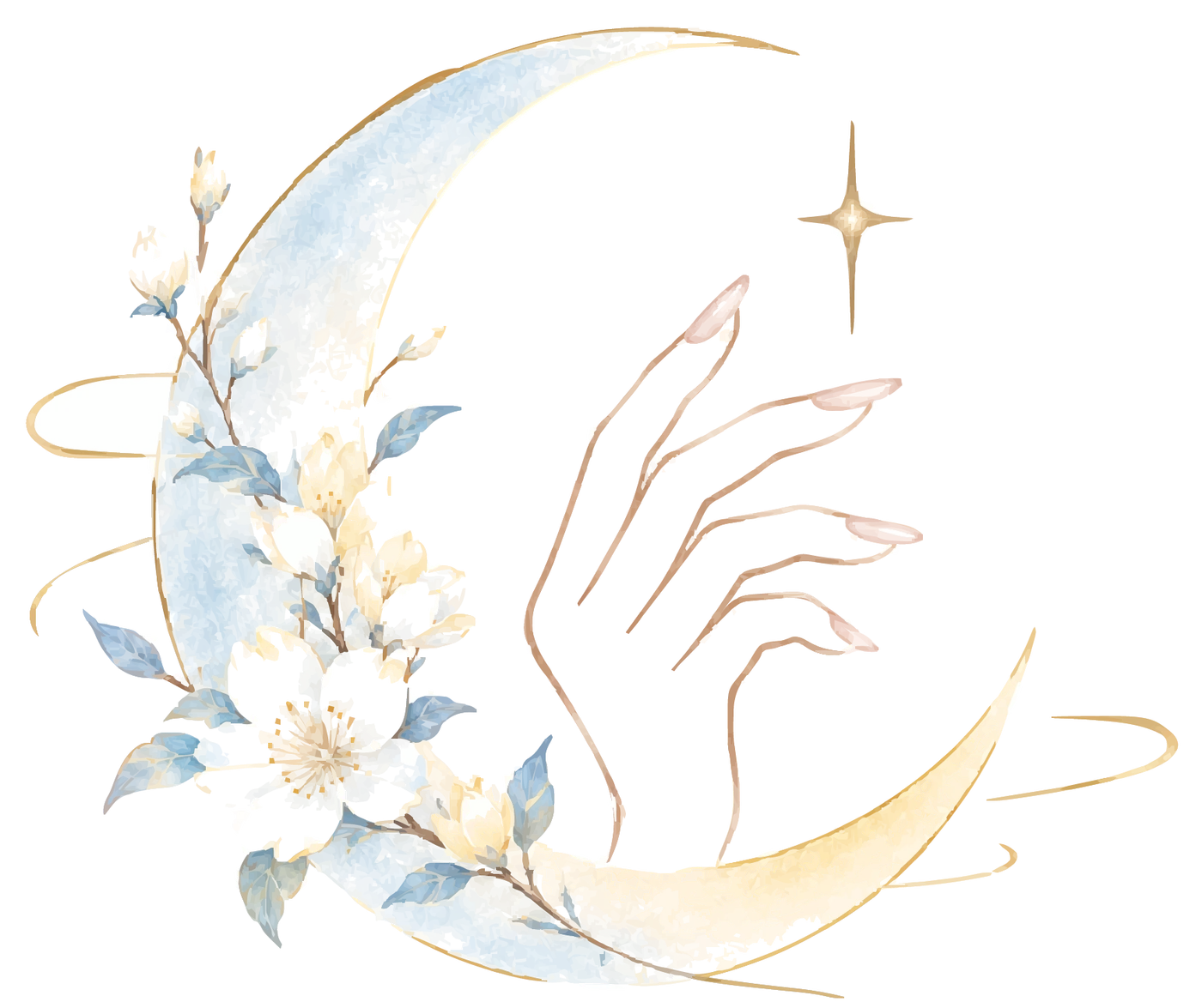 Half Moon Nail logo: a crescent moon with blossoms and a hand